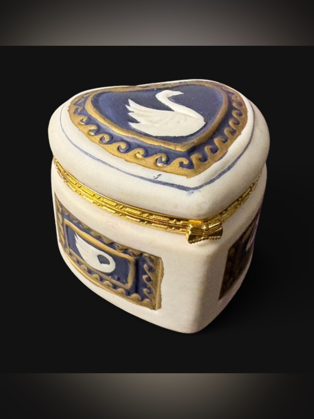 Vintage Porcelain Swan Heart Trinket Box Blue Gold